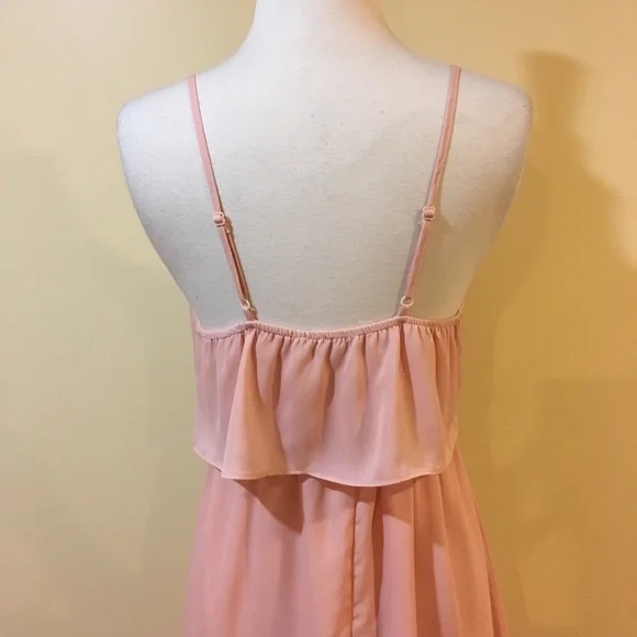 Ruffled Overlay Long Side Slits Spaghetti Strap Tie Front Blush Dress - Picture 6 of 7